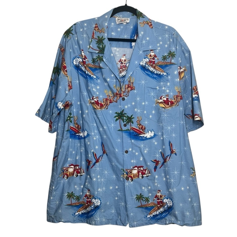 VINTAGE Pacific Legend Shirt Mens 2XL Blue Hawaiian Surfing Santa Christmas